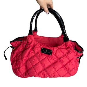 Kate Spade Quilted Nylon Red Tote Bag With Black Patent Handles & Zipper Closure